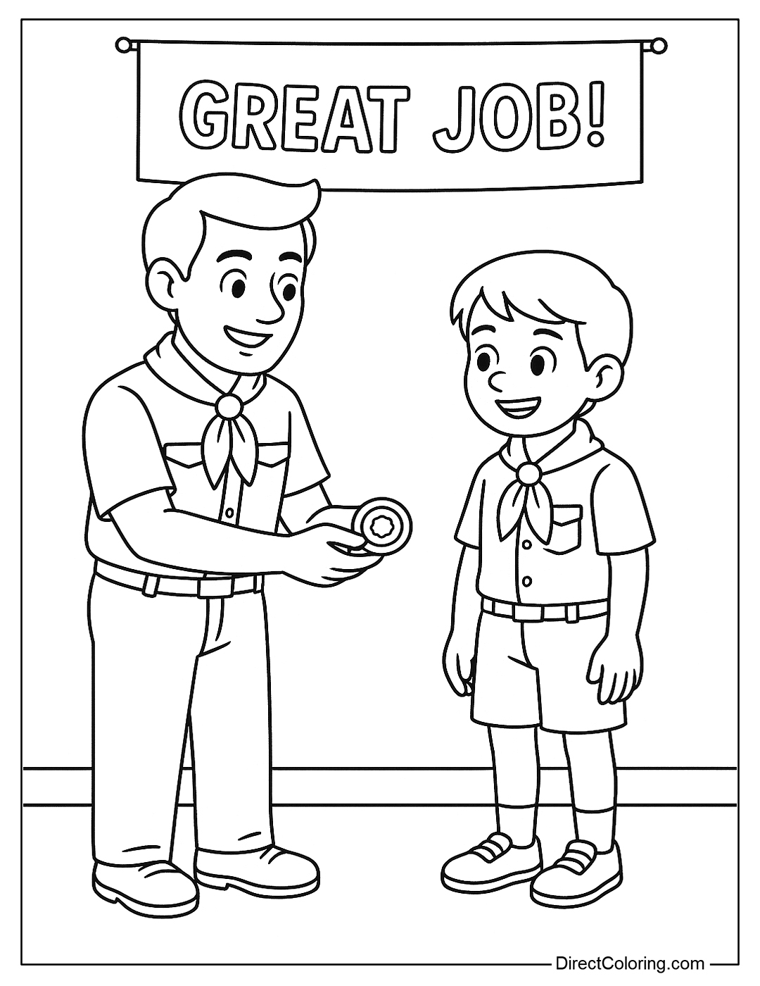oloring page of a child receiving a skill badge from the camp leader, with a banner hanging 